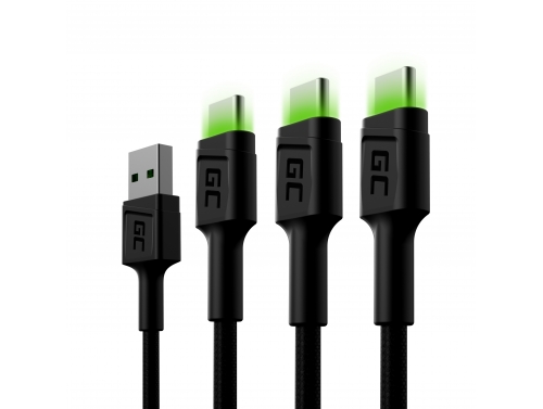 Set 3x Câble USB Green Cell GC Ray - USB-C 120cm, LED verte, charge rapide Ultra Charge, QC 3.0