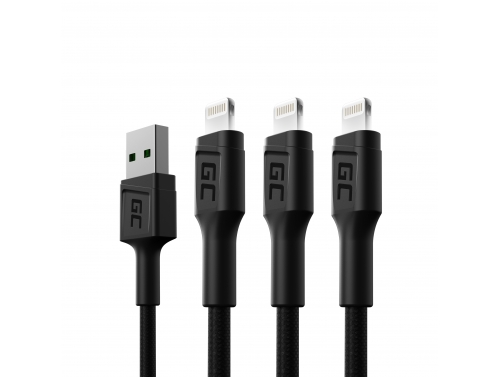Set 3x Câble USB Green Cell GC Ray - Lightning 120cm pour iPhone, iPad, iPod, LED blanche, charge rapide