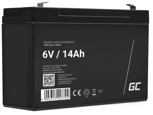Green Cell® Batterie AGM 6V 14Ah accumulateur pour Jouets Installations d'alarme Véhicules pour enfants