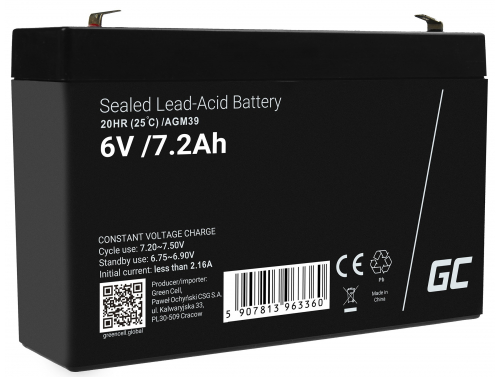 Green Cell® Batterie AGM 6V 7.2Ah accumulateur pour Jouets Installations d'alarme Véhicules pour enfants