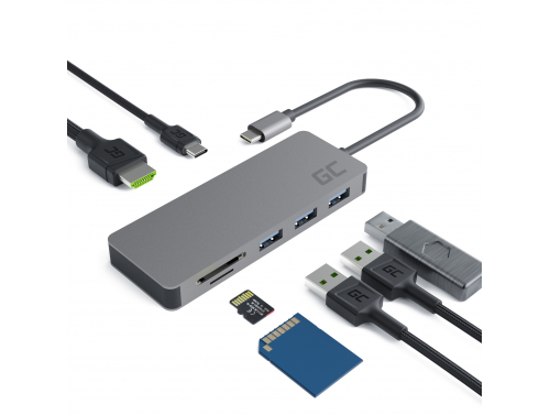 Adaptateur HUB USB-C Green Cell 7en1 (USB 3.0 HDMI 4K microSD SD) pour Apple MacBook Pro, Air, Asus, Dell XPS, HP, Lenovo X1
