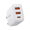 Chargeur secteur Baseus Compact Quick Charger, 2xUSB-A, USB-C, PD, 3A, 30W, couleur blanc - Charge rapide et sécurisée