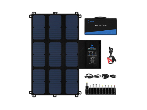 BigBlue 63W Panneau solaire pliable, 2x USB, 1x USB-C, 1x DC, Chargeur solaire portable étanche pour téléphone portable